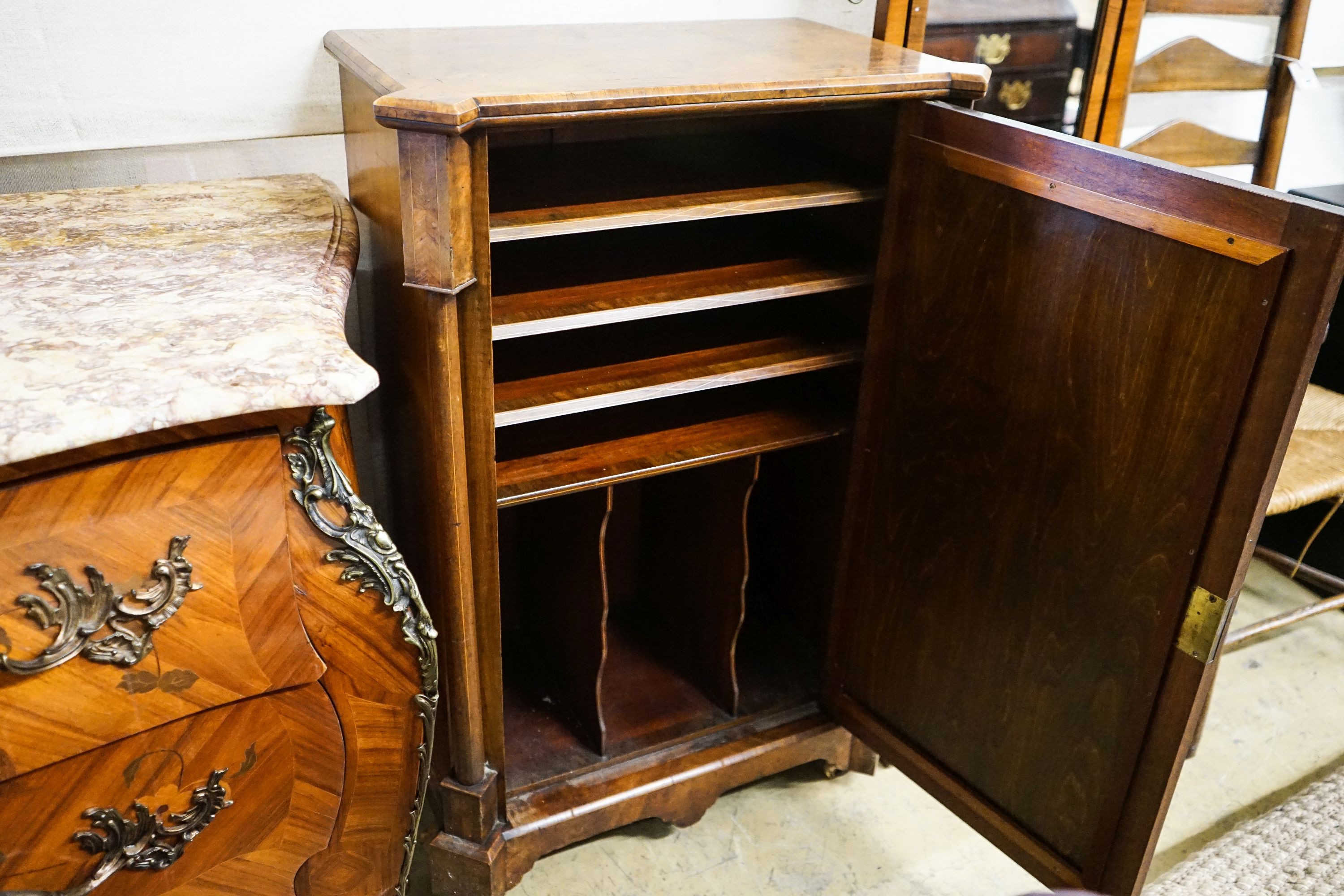 A Victorian figured walnut music cabinet, width 67cm, depth 40cm, height 100cm